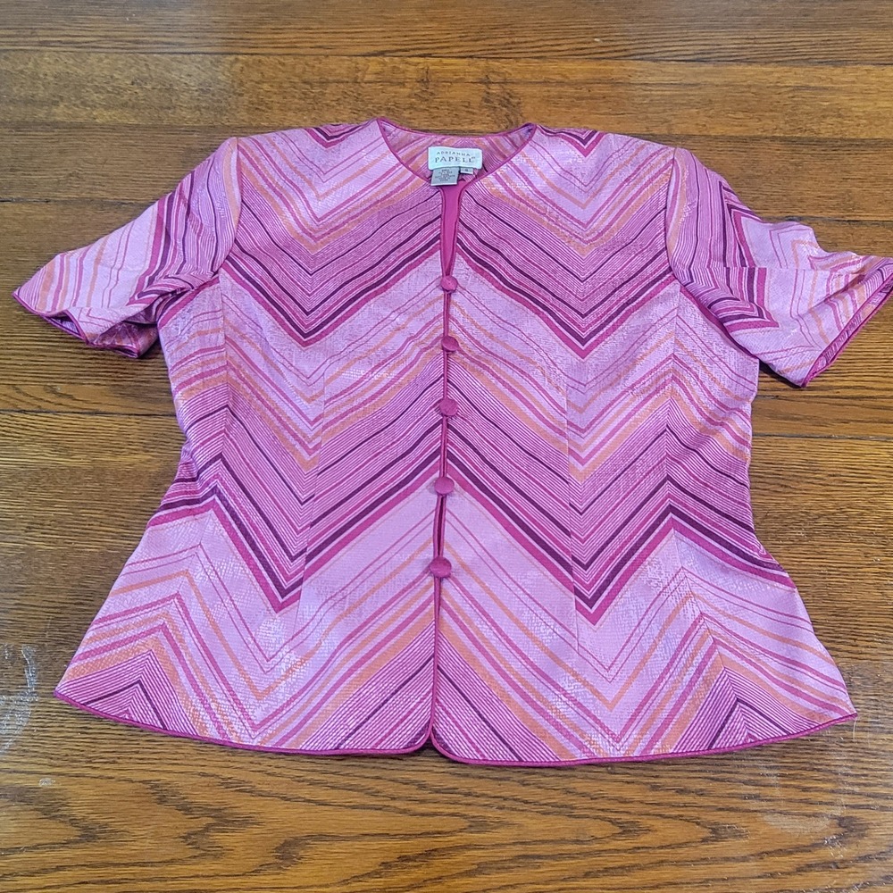 Adrianna Papell Blouse 100% Silk Pink Chevron‎ Print Button Down Top Size 8